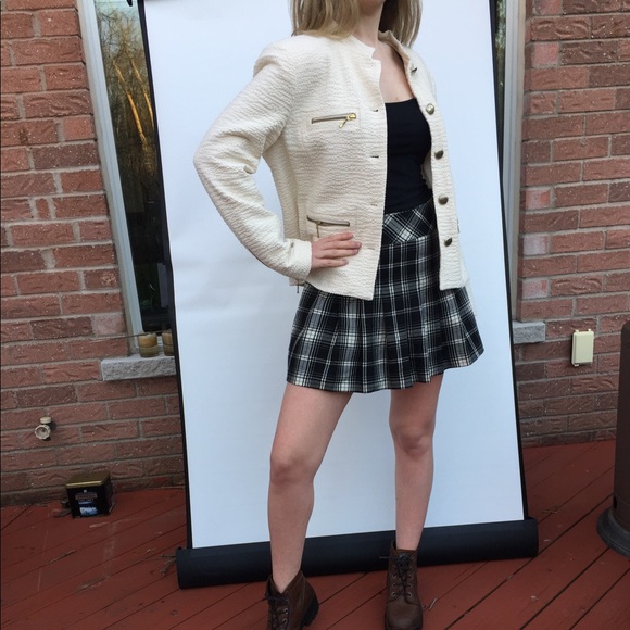 Zara Creamy Beige Cotton Tweed Blazer Metal Zippers Buttons Long Sleeve US M-L - Picture 10 of 13